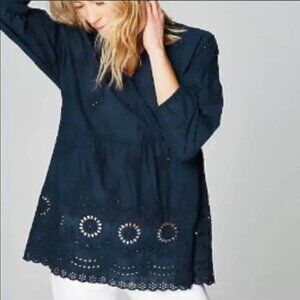 J. Jill Womens Blouse Dark Blue Oversized Pull On Eyelet Embroidered V-Neck X-Sm